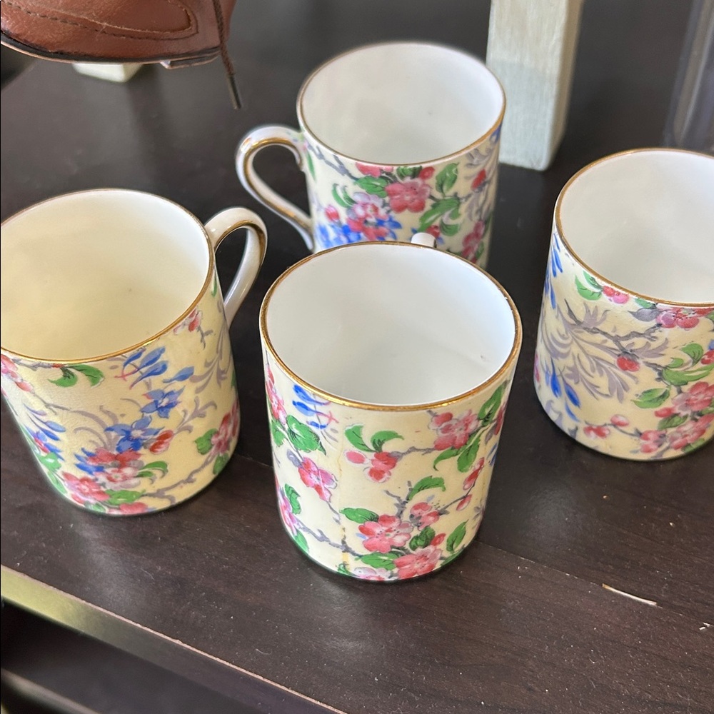 Fine Floral Porcelain Tea Cups in Cream with Pink & Blue Flowers